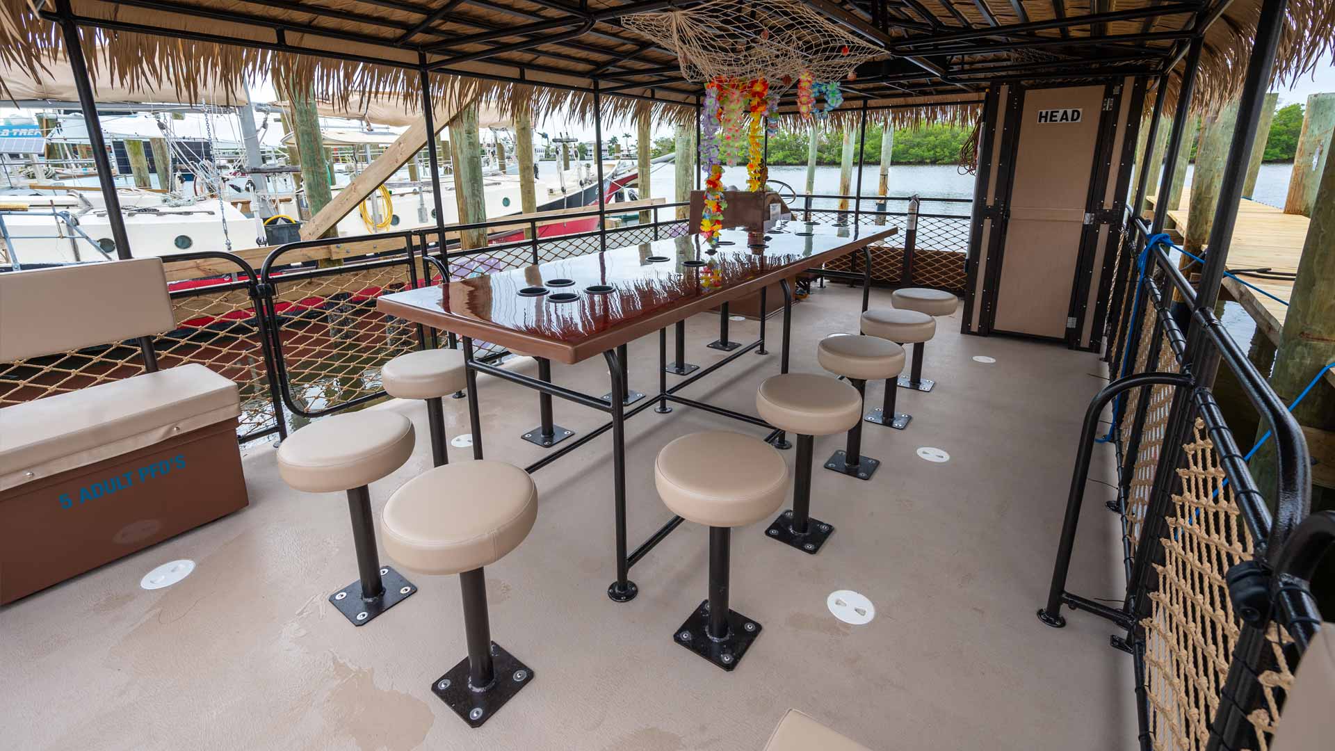 Tiki Boat 32 interior layout and seating